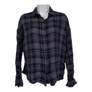 E M Womens Medium Plaid Long Sleeve Button Down Top Navy White Ruffled Cuff